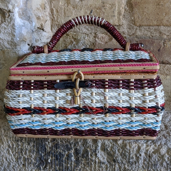 Vintage Red, Black & Turquoise Wicker and Wood Sewing Basket - Picture 1 of 16